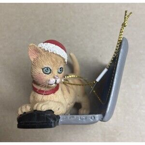 Kurt Adler Lap Top Cat Ornament Orange Tabby Mouse Manager NWT green eyes
